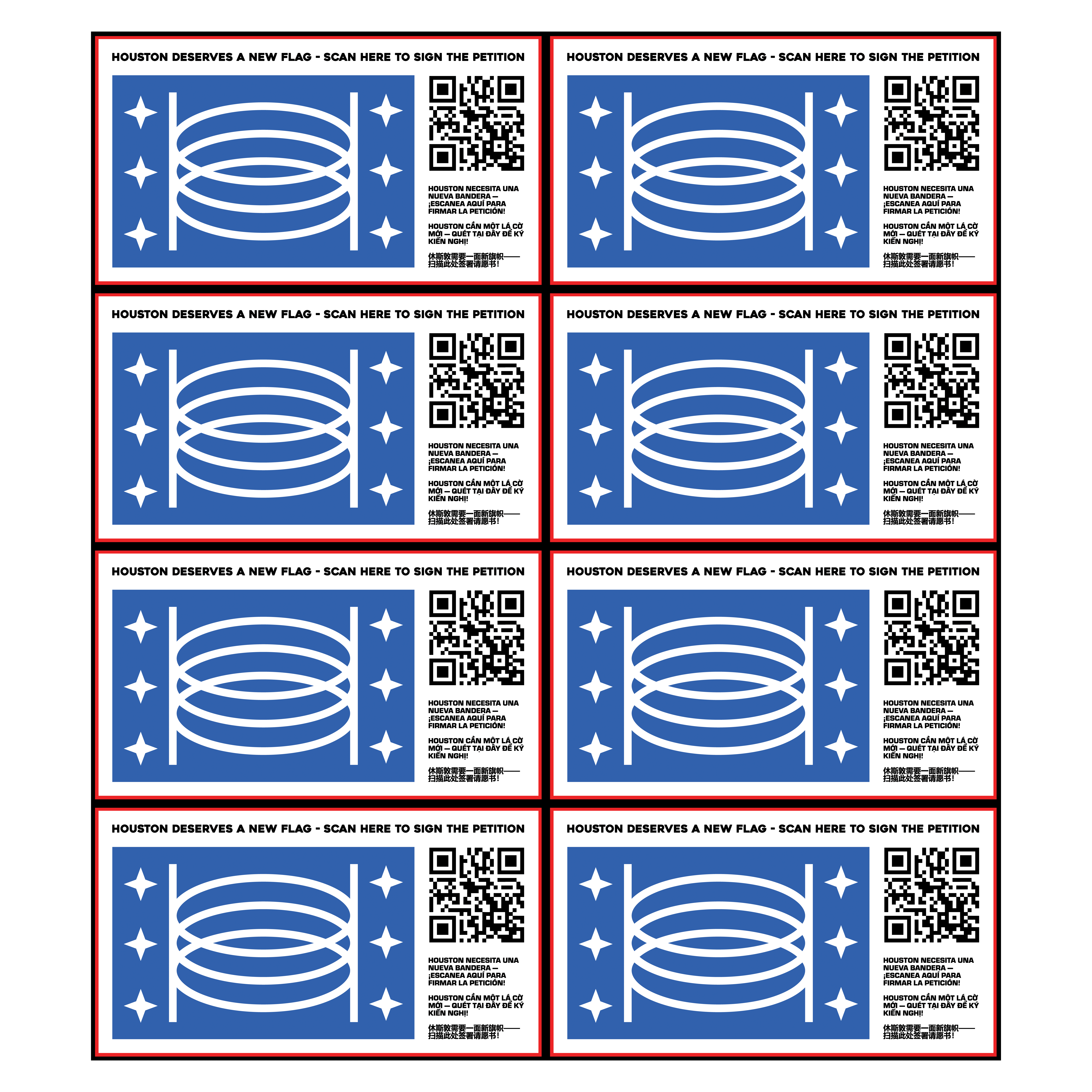 Houston flag petition sticker sheet, printed in English, Spanish, Vietnamese, and Chinese